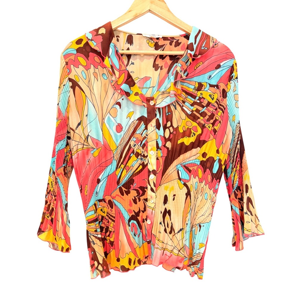 Nicola Women Butterfly‎ Print Plisse Pleated Blouse Pink Blue Y2K Bell Sleeve L - Picture 2 of 12